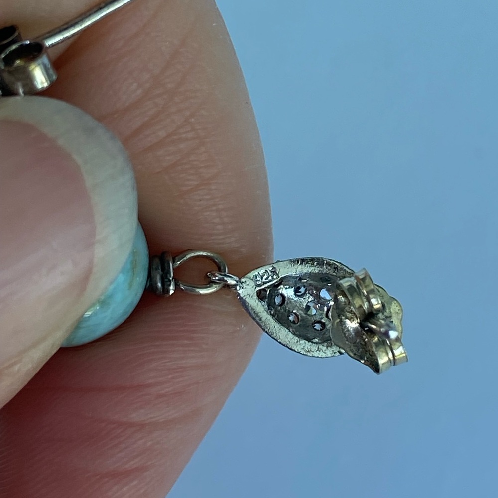 Vintage Larimar and 925 sterling earrings, Cubic Zirconia CZ teardrop post back - Picture 6 of 6